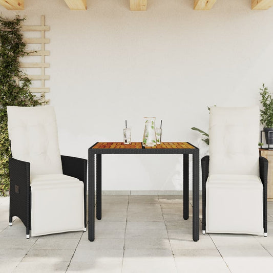 3-delige Bistroset met kussens poly rattan zwart