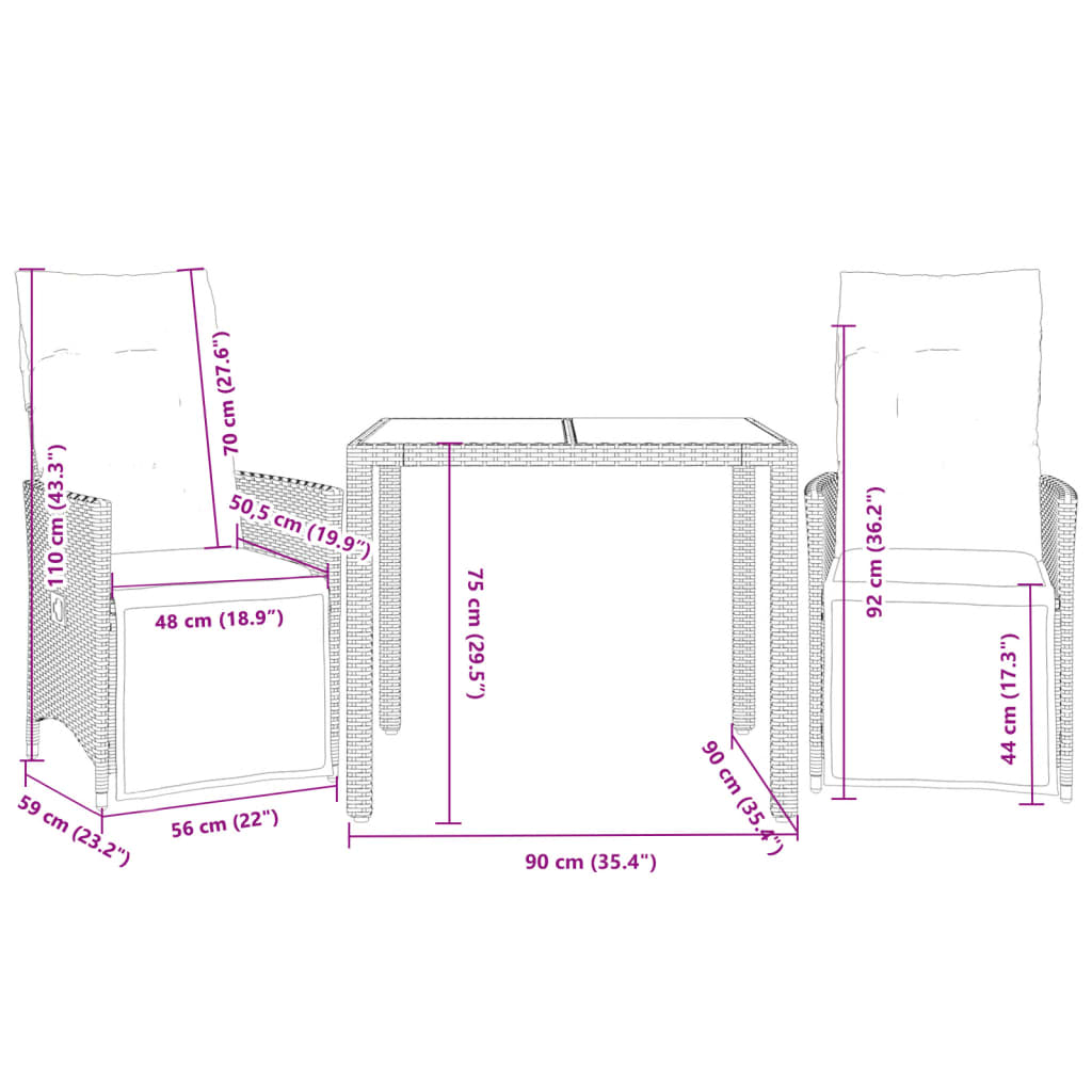 3-delige Bistroset met kussens poly rattan zwart