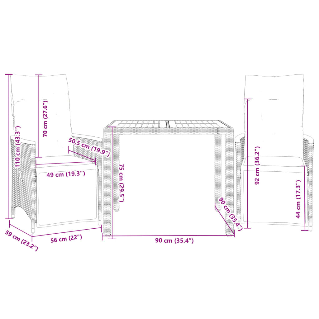 3-delige Bistroset met kussens poly rattan zwart