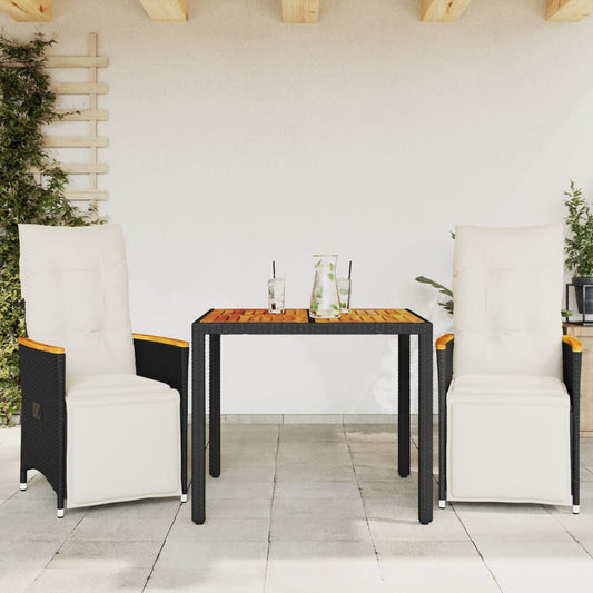 3-delige Bistroset met kussens poly rattan zwart