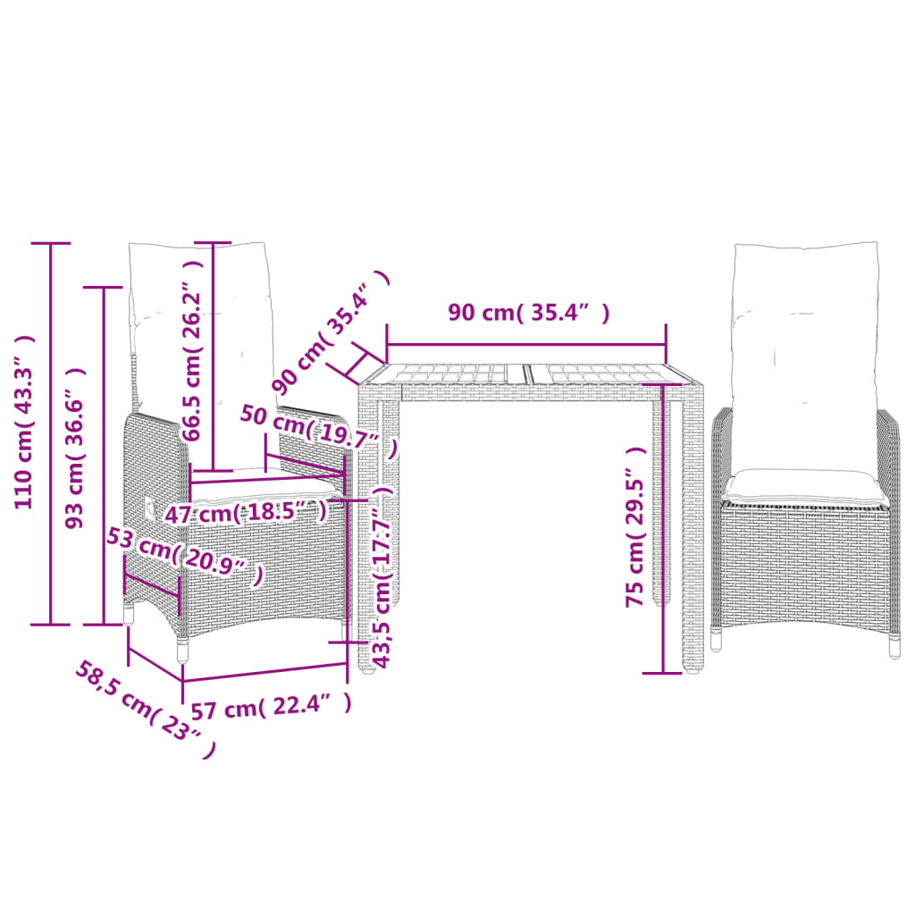 3-delige Bistroset met kussens poly rattan grijs