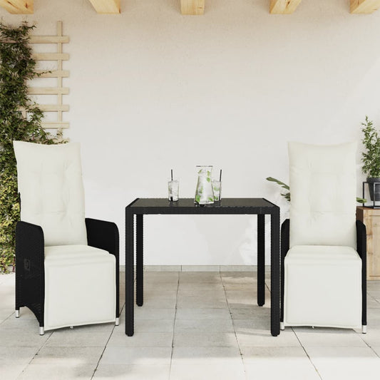 3-delige Bistroset met kussens poly rattan zwart