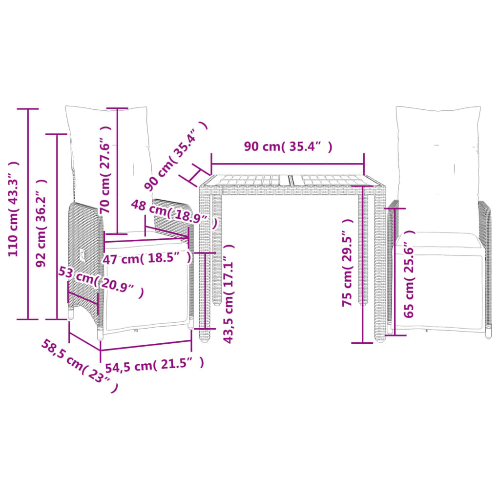 3-delige Bistroset met kussens poly rattan grijs