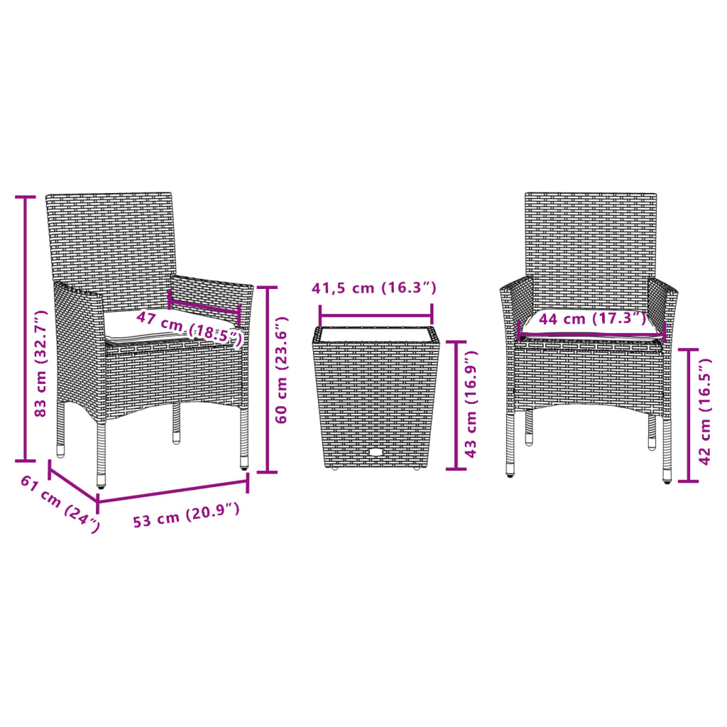 3-delige Bistroset met kussens poly rattan en glas zwart