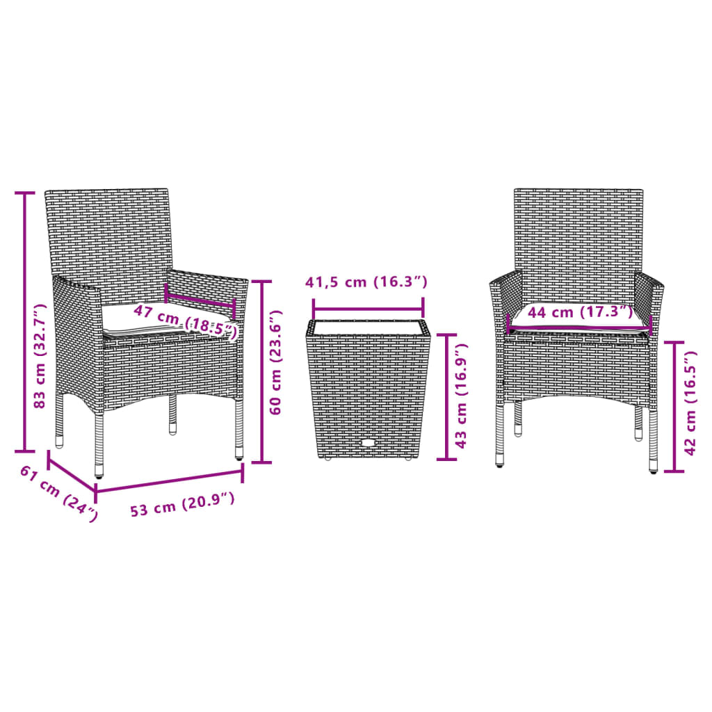 3-delige Bistroset met kussens poly rattan en glas bruin