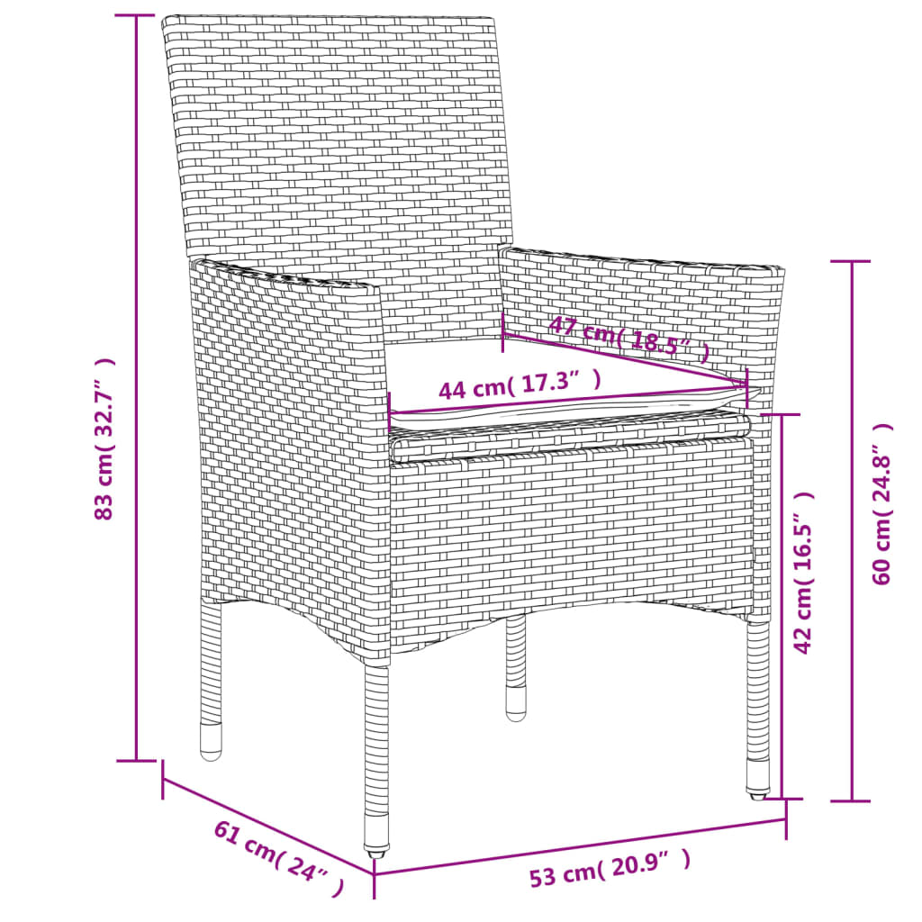 3-delige Bistroset met kussens poly rattan en glas grijs