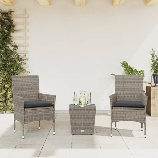 3-delige Bistroset met kussens poly rattan en glas grijs