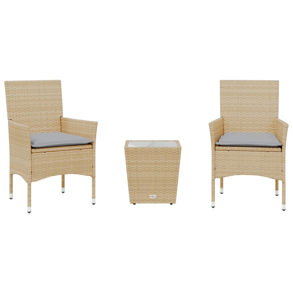 3-delige Bistroset met kussens poly rattan en glas beige