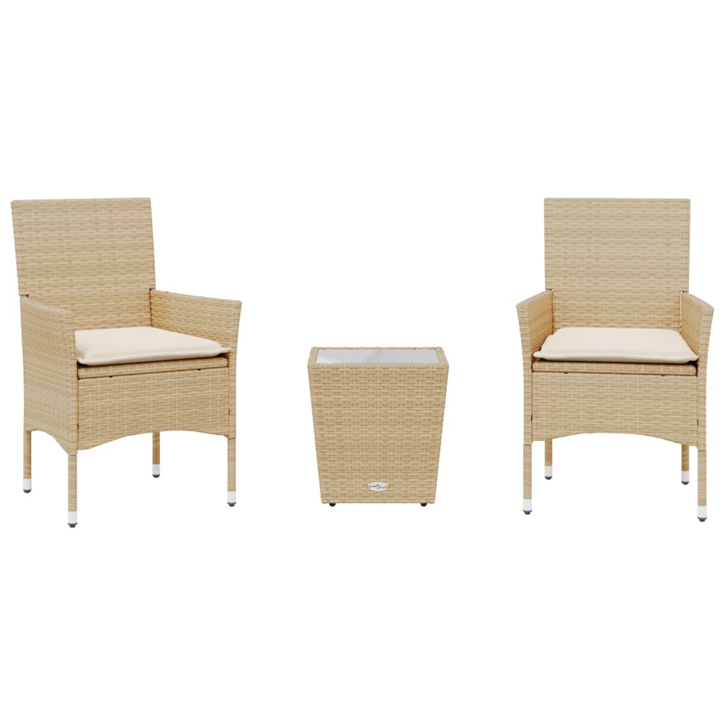 3-delige Bistroset met kussens poly rattan en glas beige