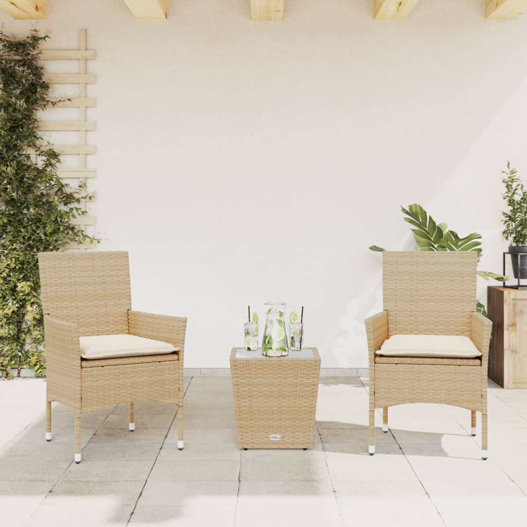 3-delige Bistroset met kussens poly rattan en glas beige