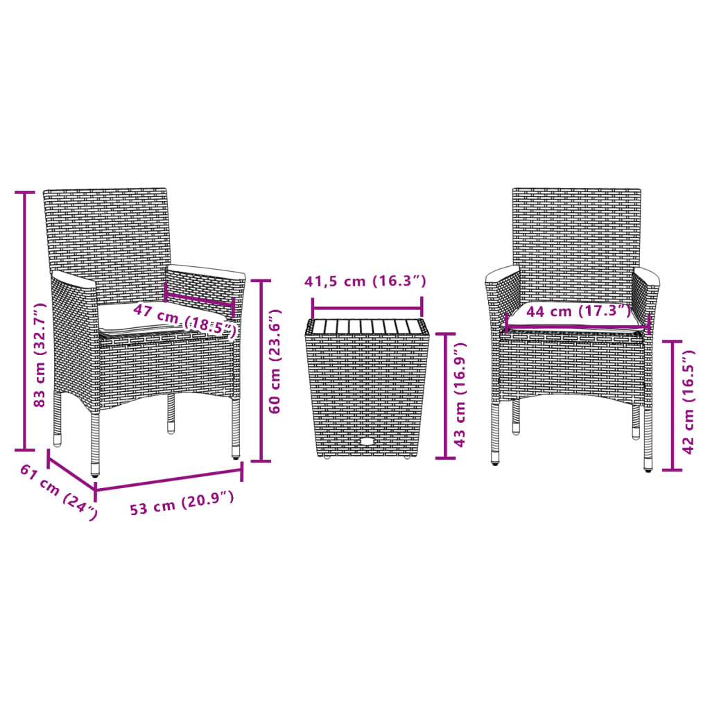 3-delige Bistroset met kussens poly rattan en glas zwart