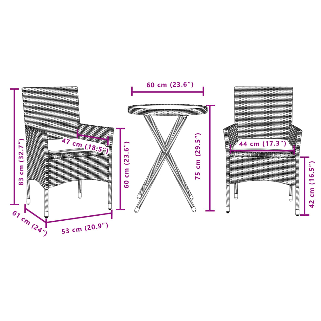 3-delige Bistroset met kussens poly rattan en glas zwart