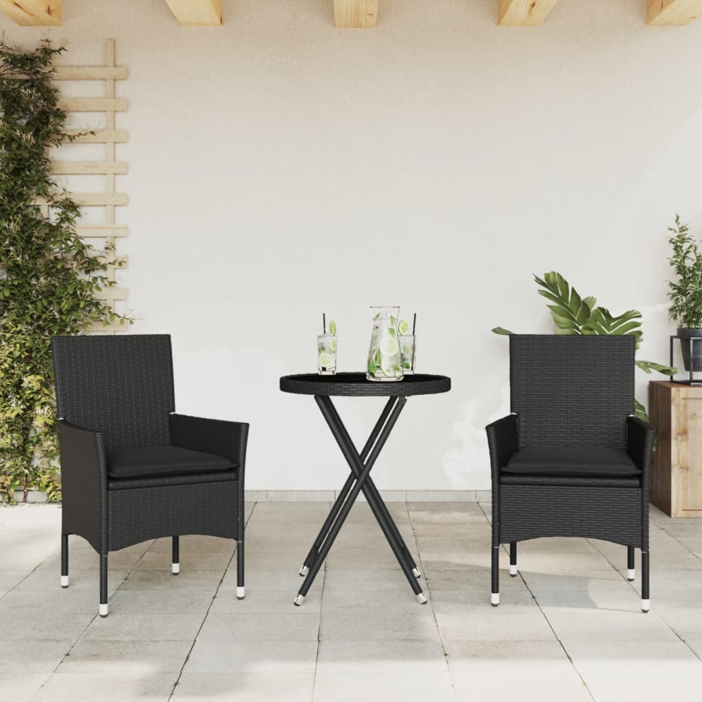 3-delige Bistroset met kussens poly rattan en glas zwart