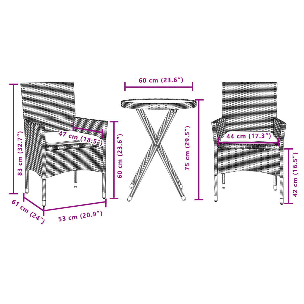 3-delige Bistroset met kussens poly rattan en glas bruin