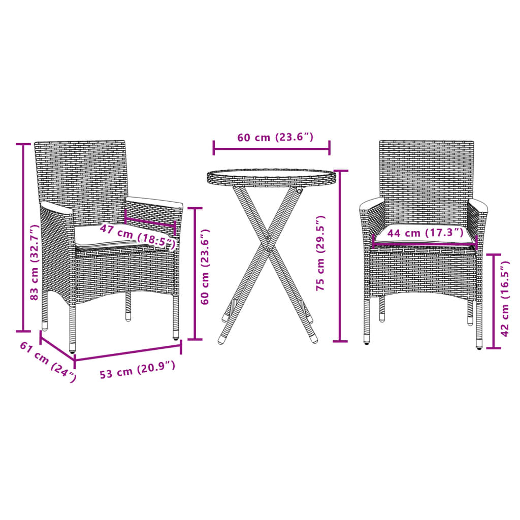 3-delige Bistroset met kussens poly rattan en glas zwart