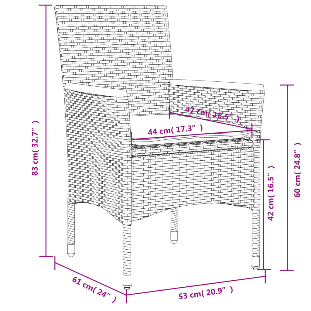 3-delige Bistroset met kussens poly rattan en glas zwart