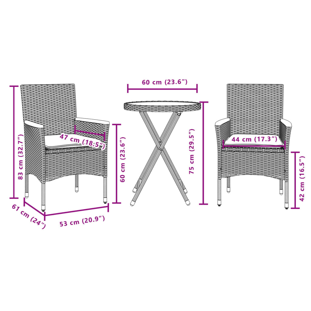 3-delige Bistroset met kussens poly rattan en acaciahout grijs