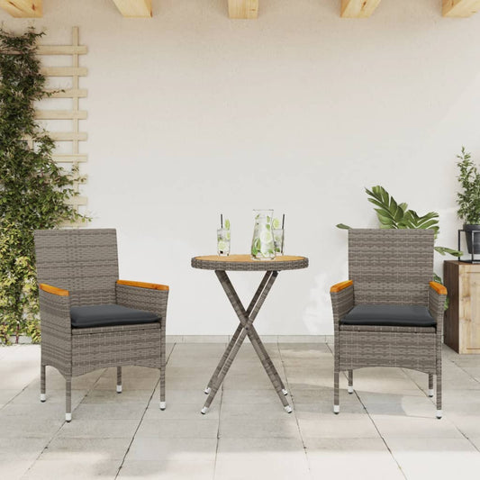 3-delige Bistroset met kussens poly rattan en acaciahout grijs