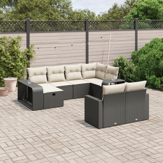 10-delige Loungeset met kussens poly rattan zwart