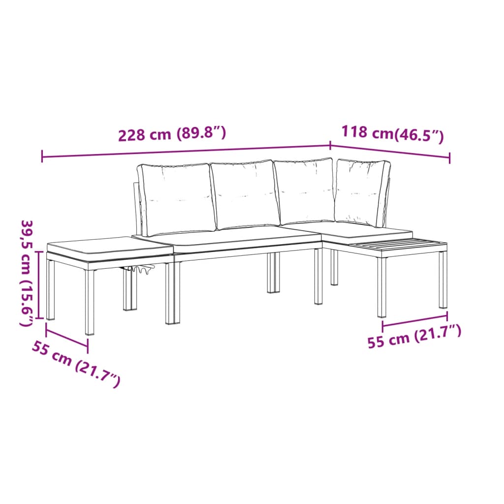 3-delige Loungeset met kussens gepoedercoat staal zwart