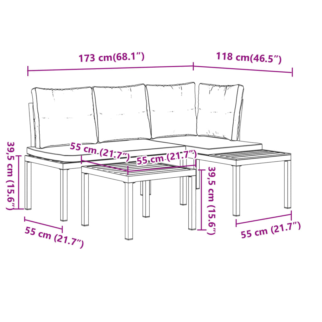 3-delige Loungeset met kussens gepoedercoat staal zwart