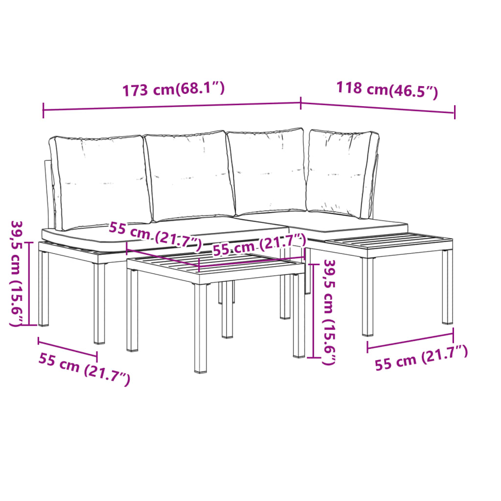 3-delige Loungeset met kussens gepoedercoat staal zwart