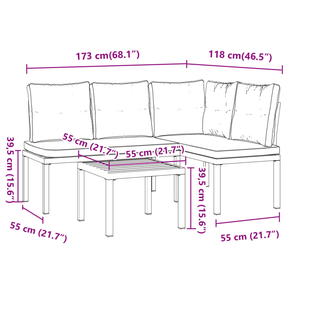 3-delige Loungeset met kussens gepoedercoat staal zwart