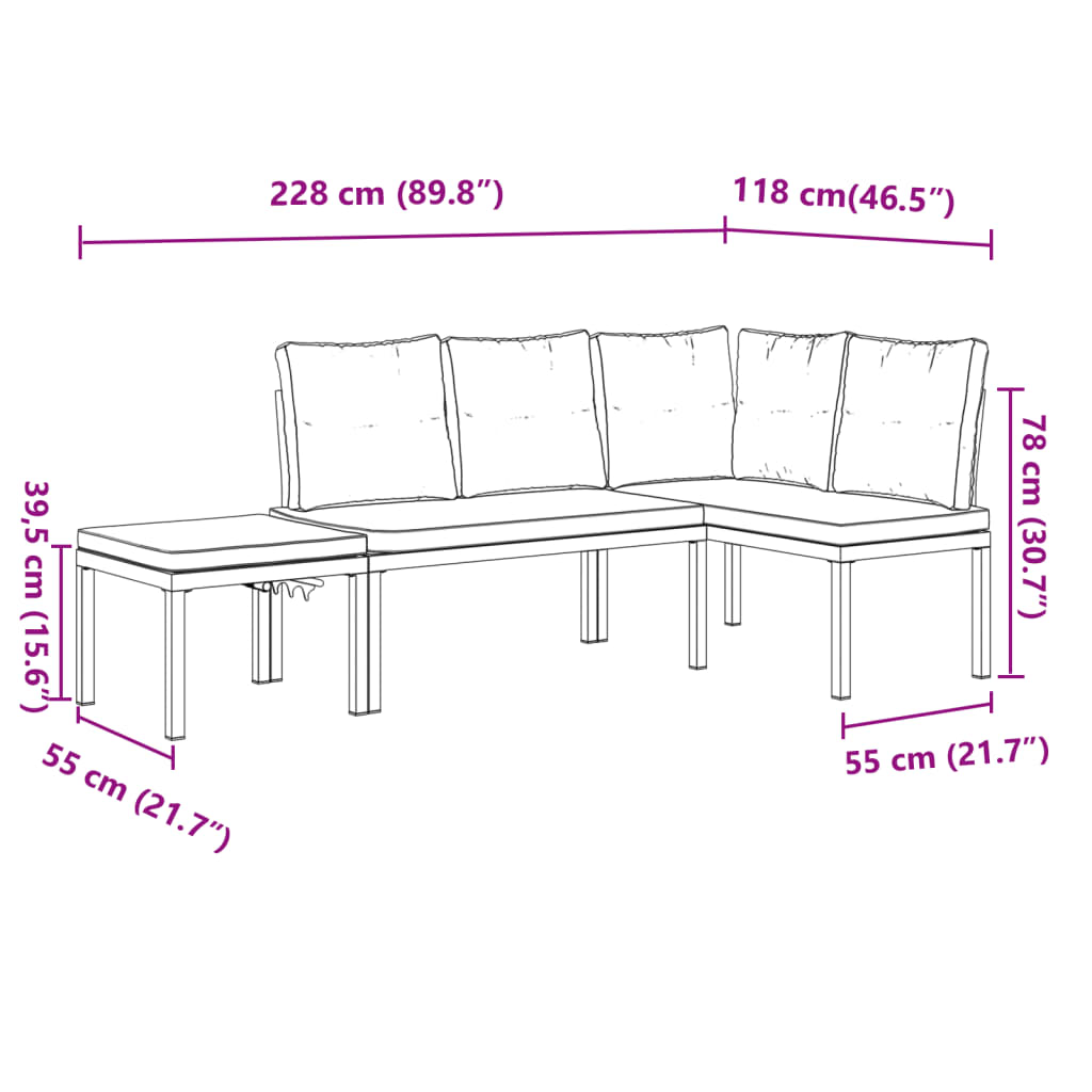 3-delige Loungeset met kussens gepoedercoat staal zwart