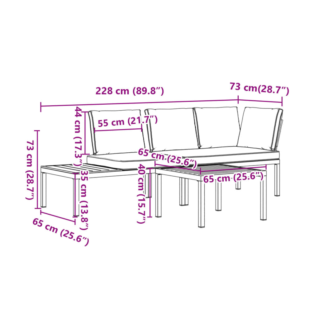 3-delige Loungeset met kussens aluminium zwart