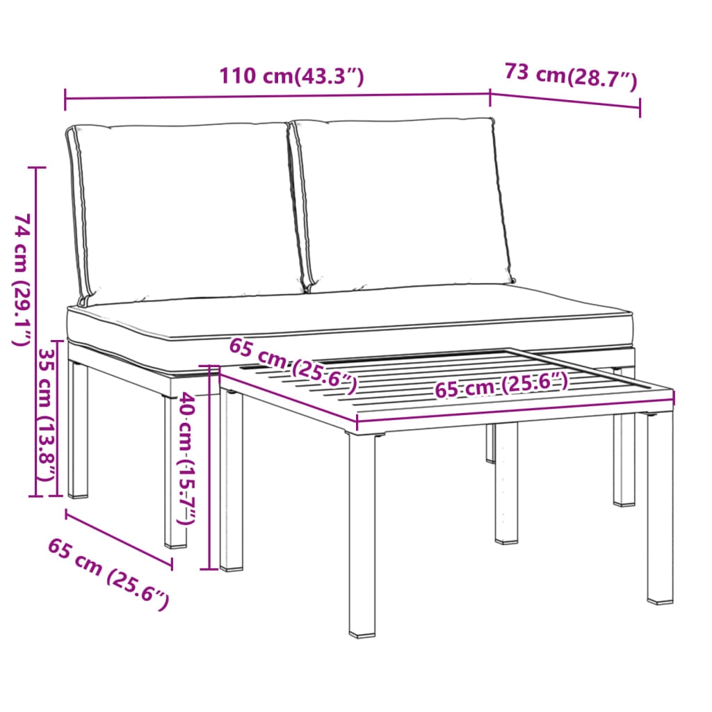 2-delige Loungeset met kussens aluminium zwart