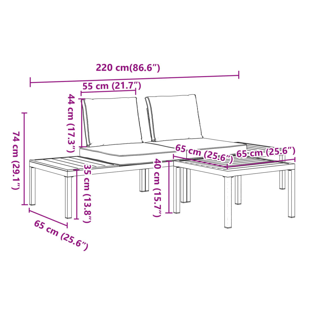 3-delige Loungeset met kussens aluminium zwart