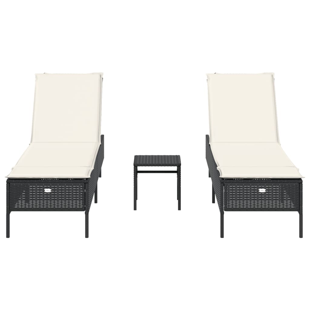 3-delige Ligbeddenset met kussens poly rattan zwart