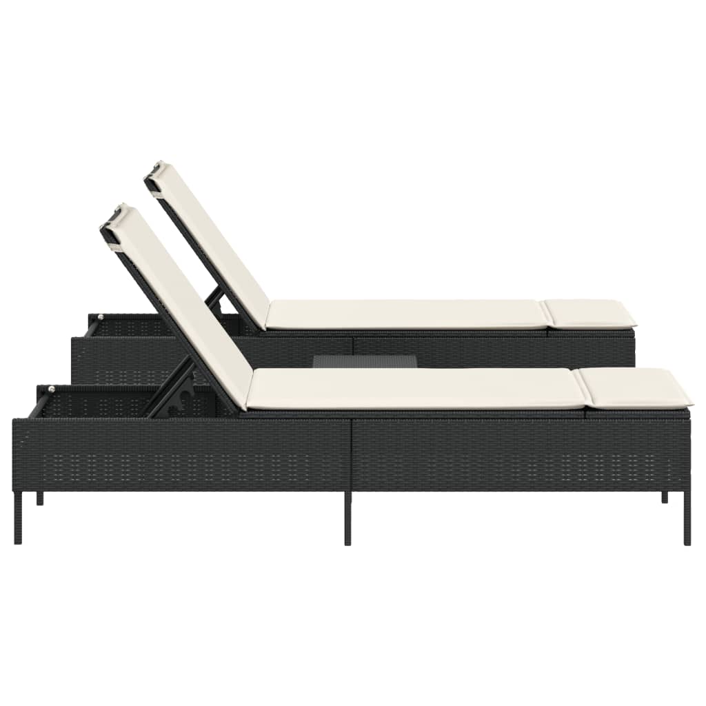 3-delige Ligbeddenset met kussens poly rattan zwart