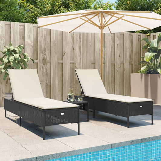 3-delige Ligbeddenset met kussens poly rattan zwart