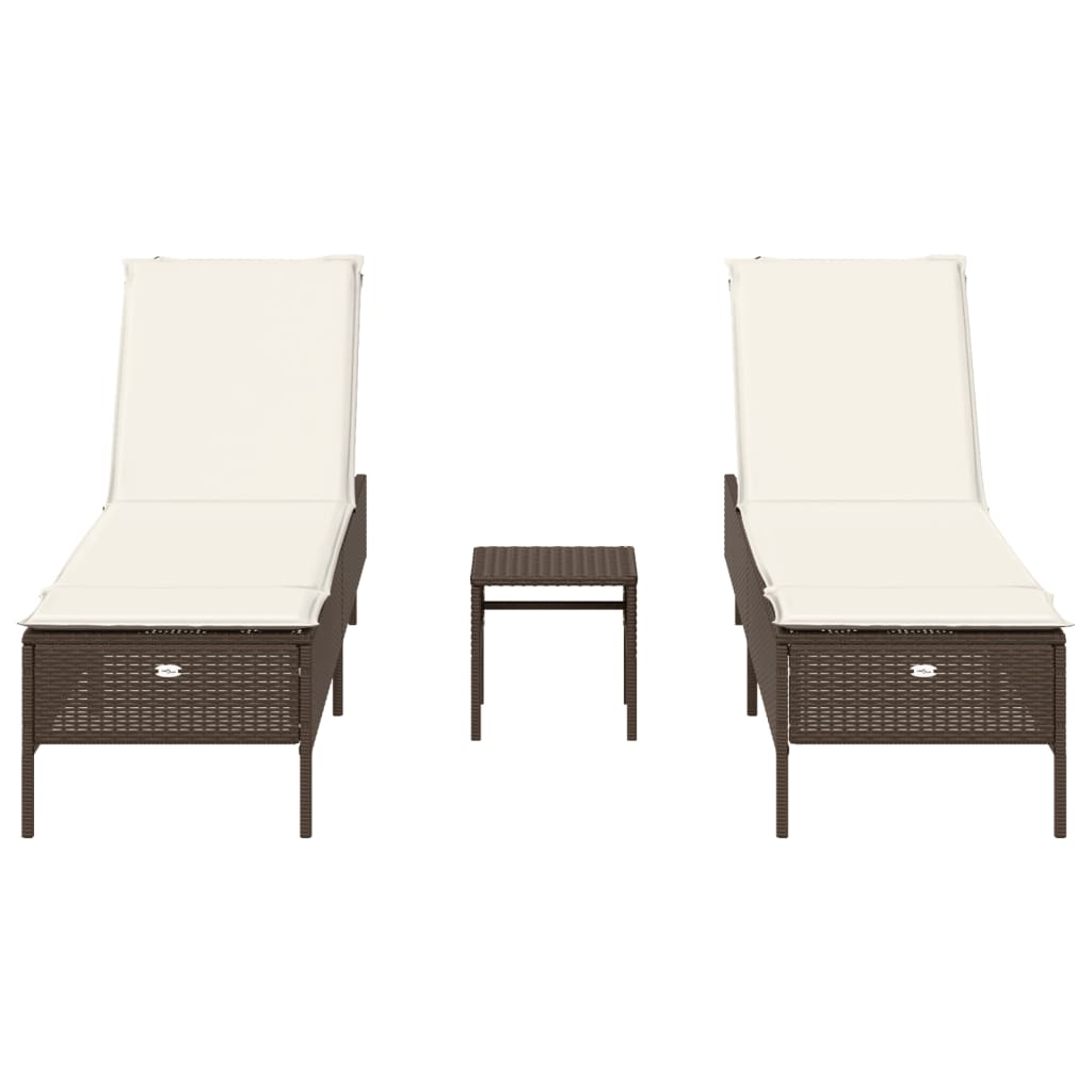 3-delige Ligbeddenset met kussens poly rattan bruin