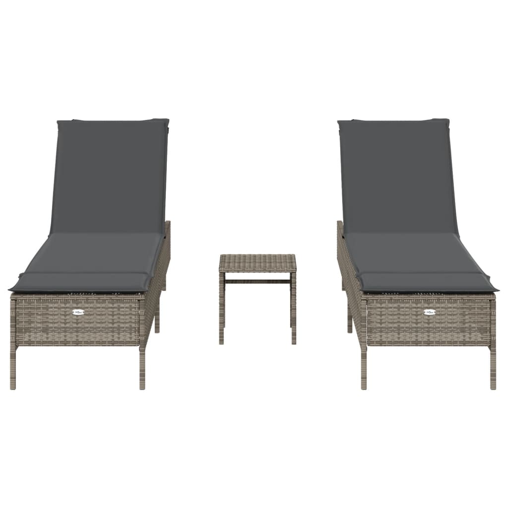 3-delige Ligbeddenset met kussens poly rattan grijs