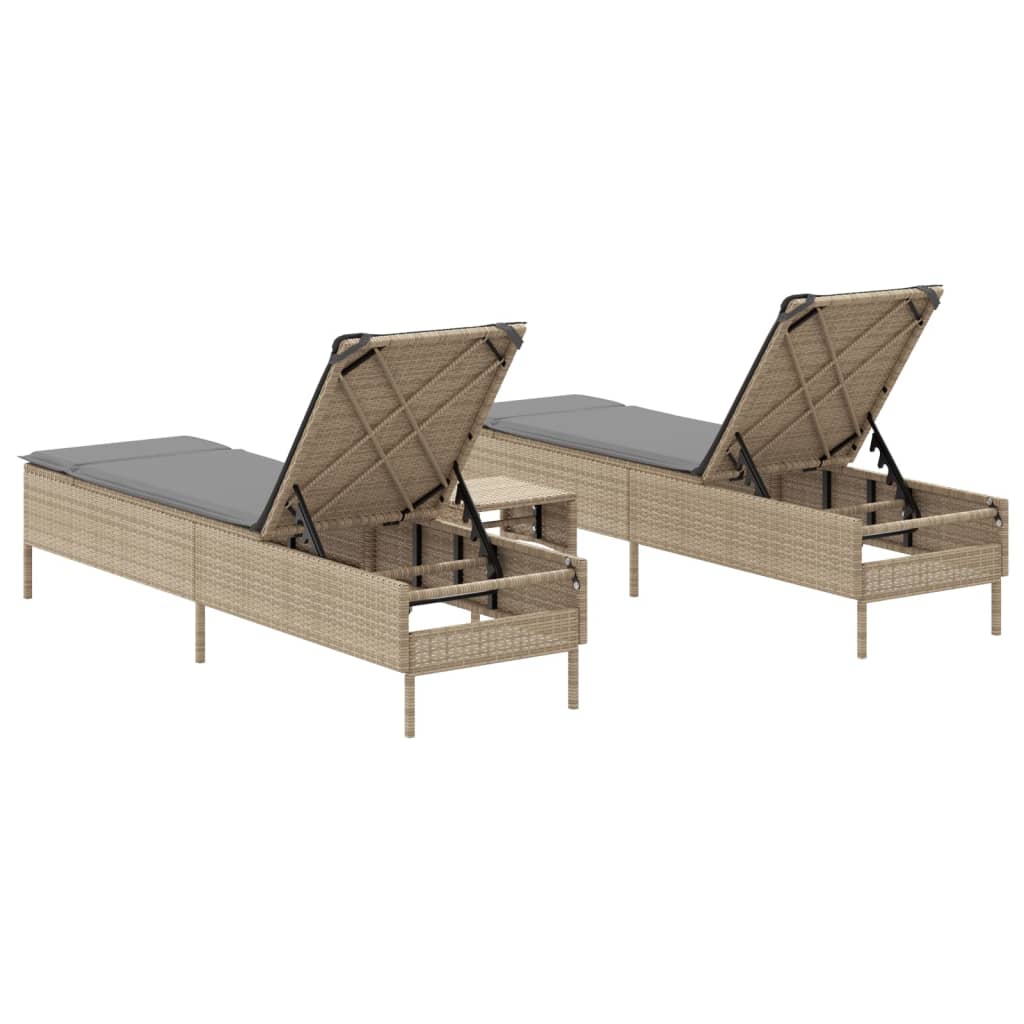 3-delige Ligbeddenset met kussens poly rattan beige