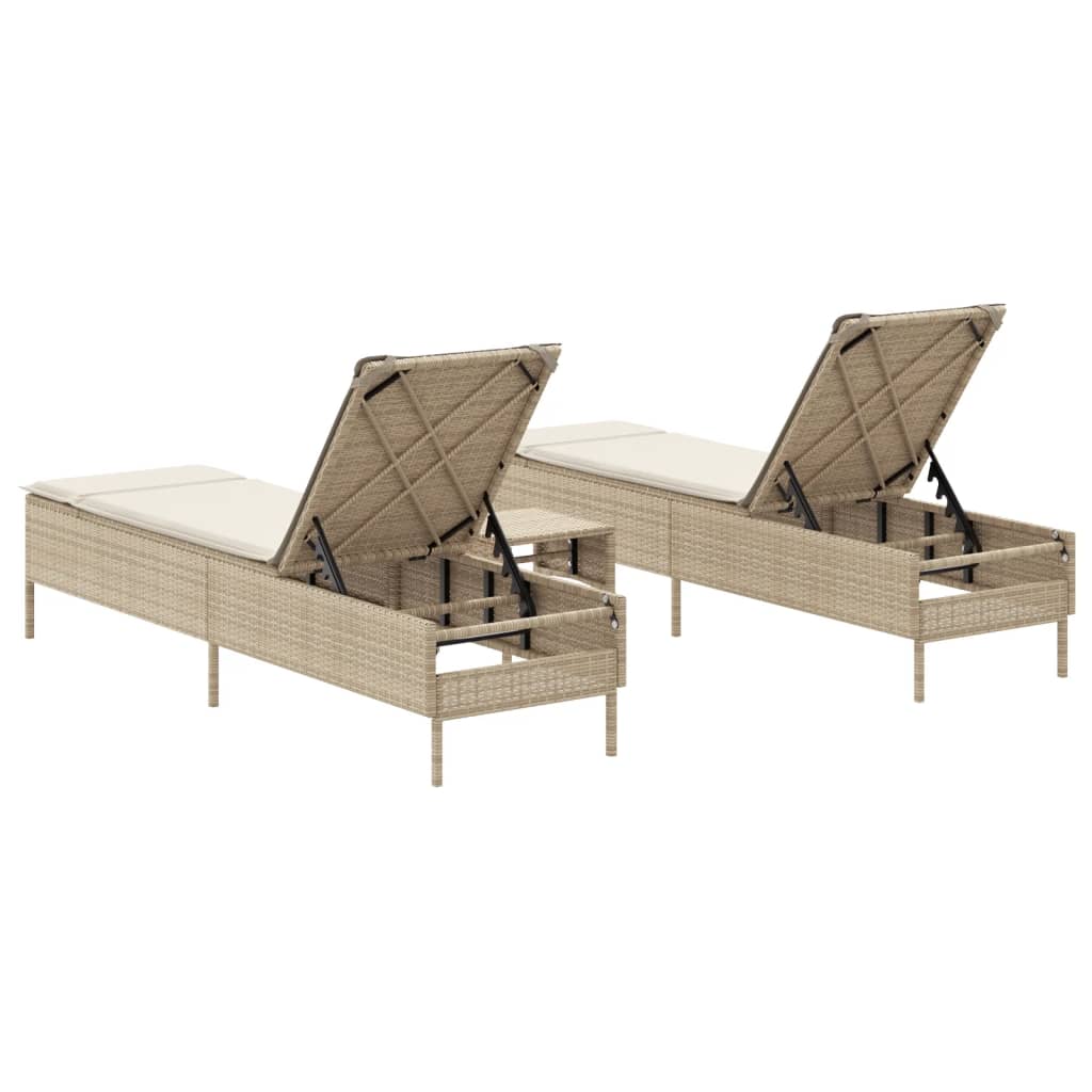 3-delige Ligbeddenset met kussens poly rattan beige