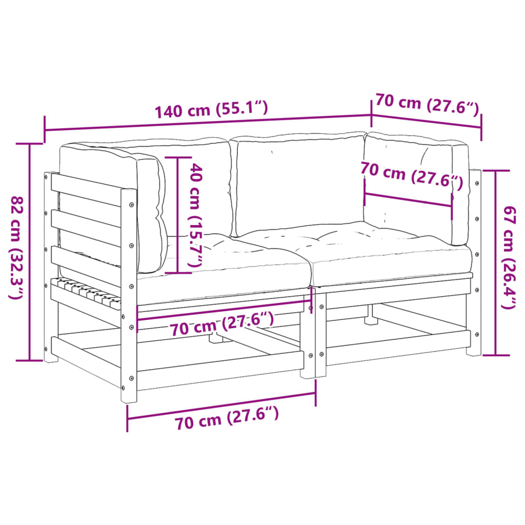 2-delige Loungeset met kussens massief grenenhout