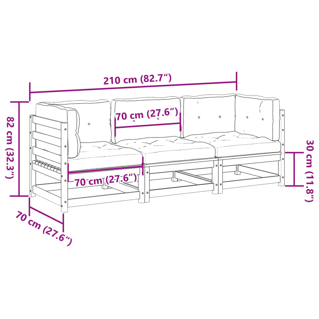 3-delige Loungeset met kussens massief grenenhout