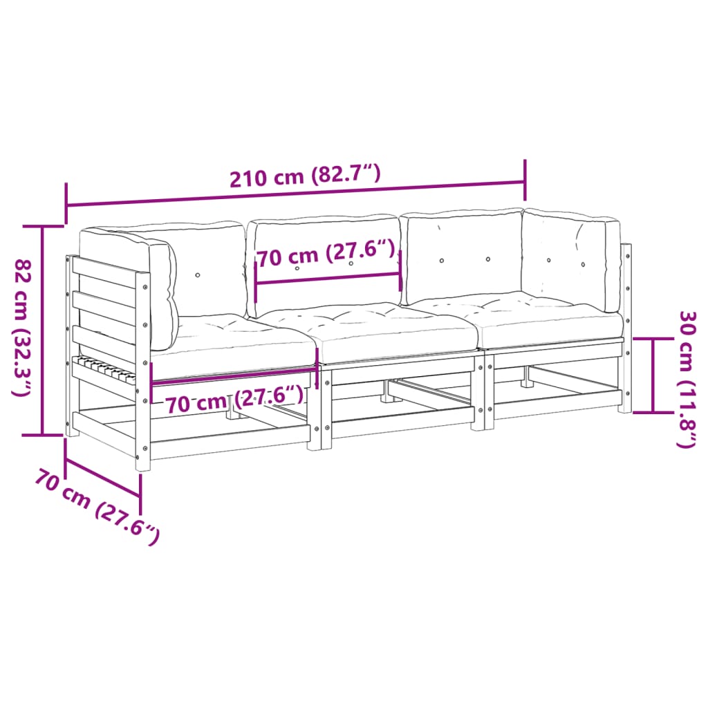 3-delige Loungeset met kussens massief grenenhout wasbruin