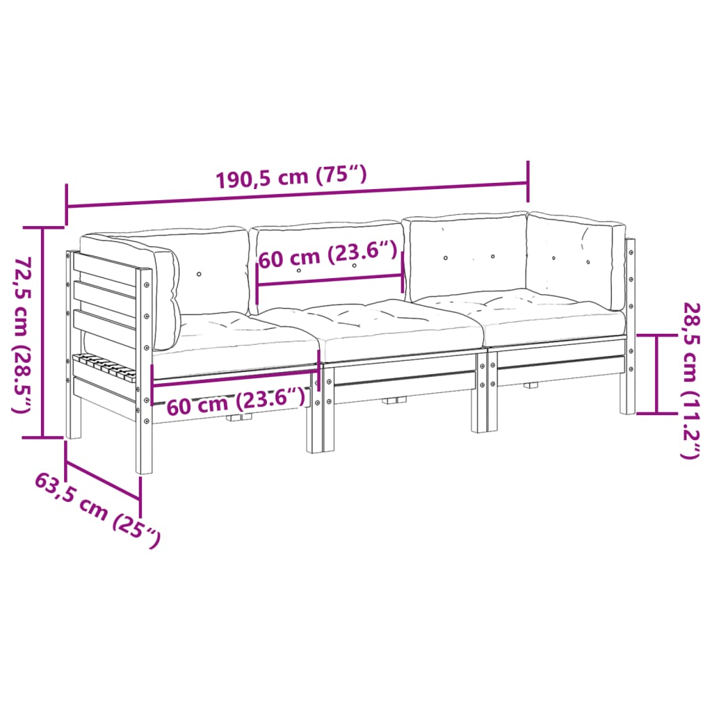 3-delige Loungeset met kussens massief grenenhout wasbruin