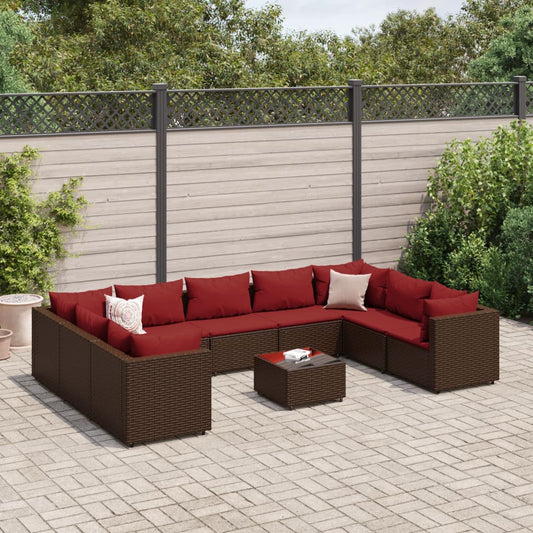 10-delige Loungeset met kussens poly rattan bruin