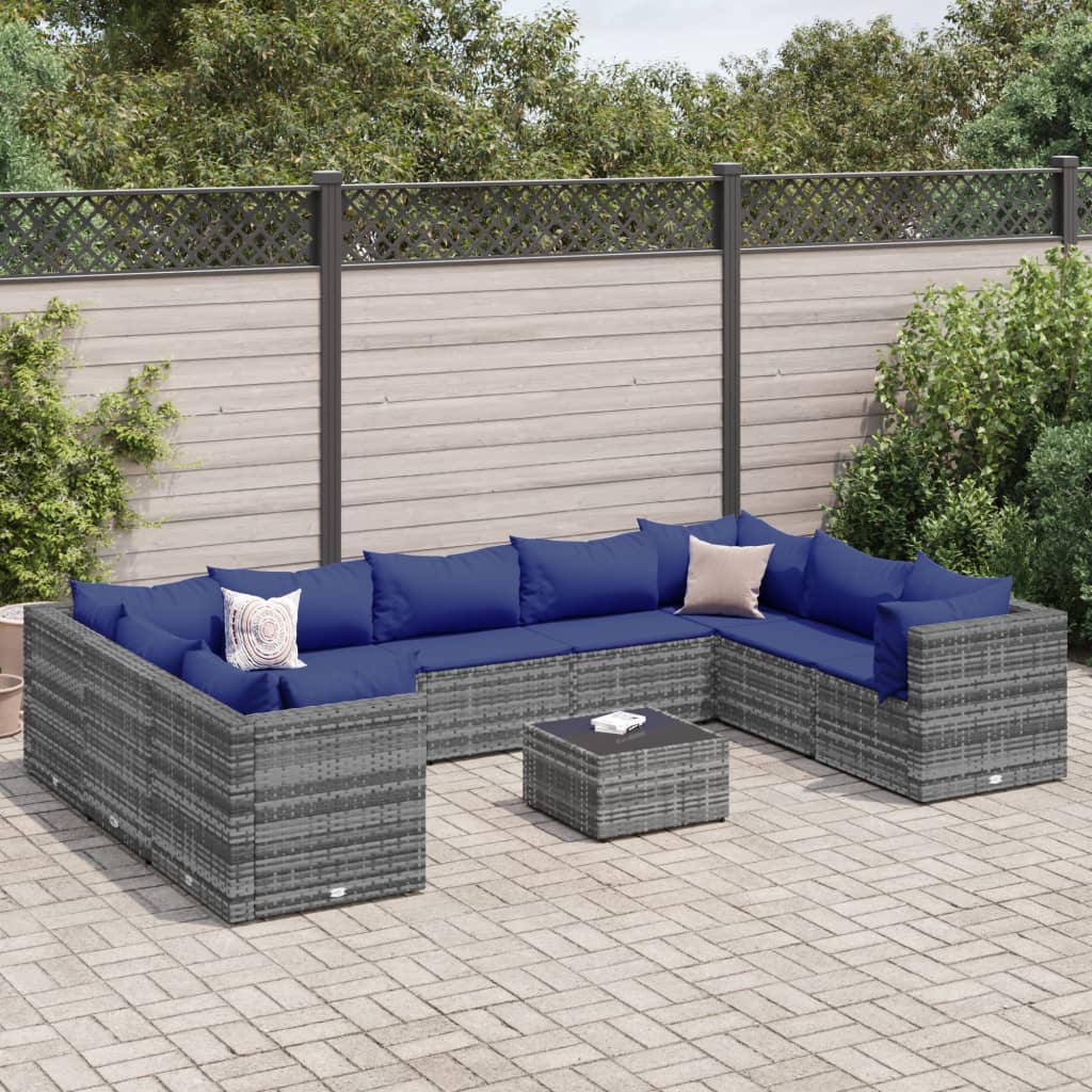 10-delige Loungeset met kussens poly rattan grijs