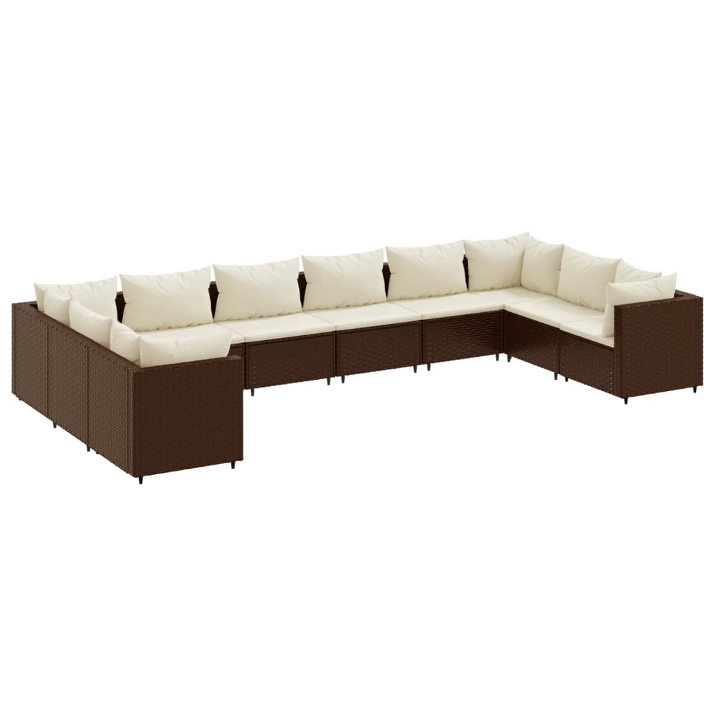 10-delige Loungeset met kussens poly rattan bruin