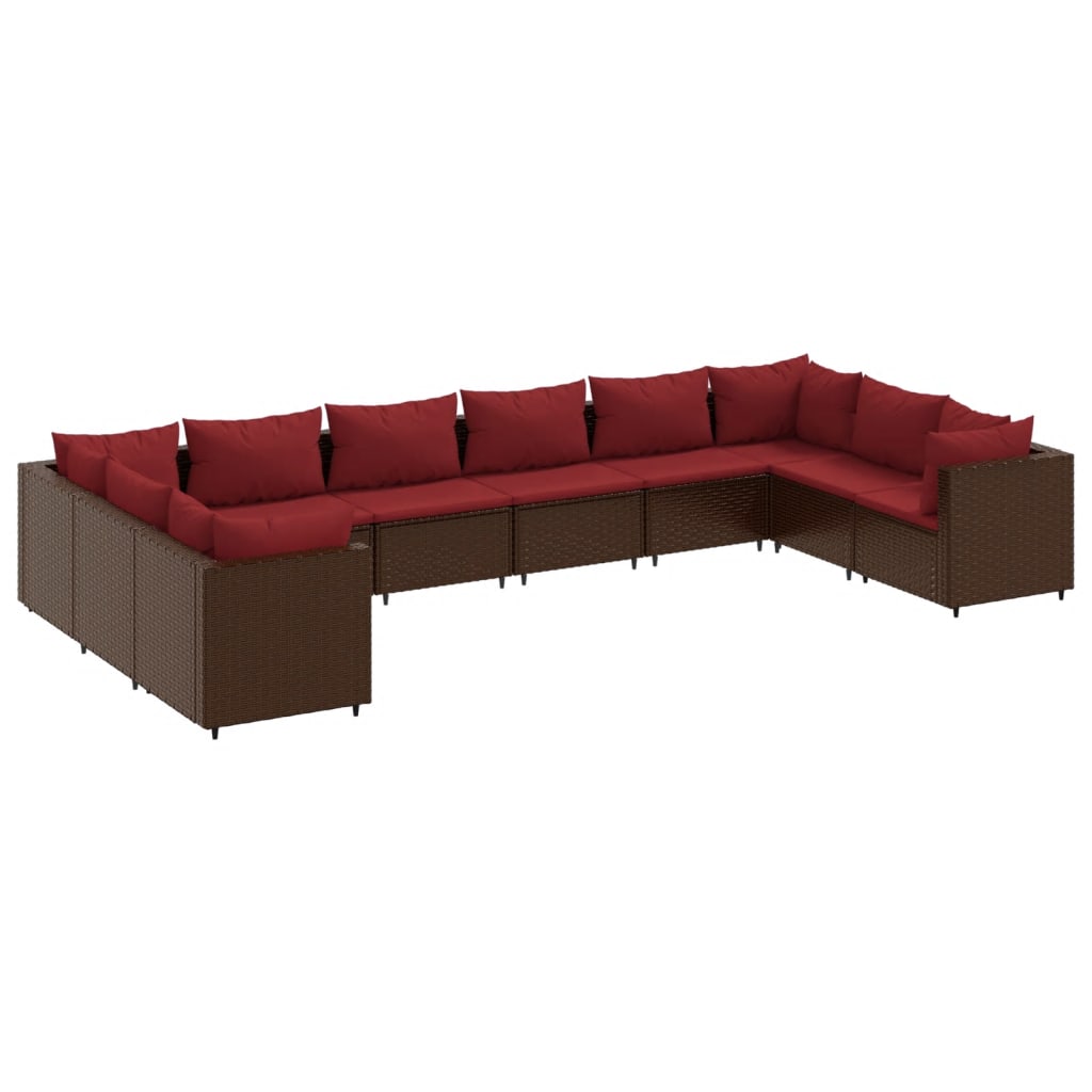 10-delige Loungeset met kussens poly rattan bruin