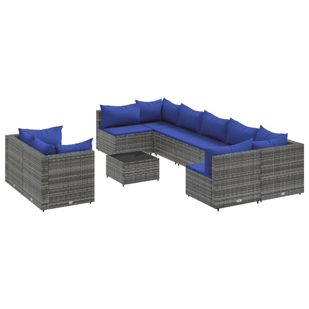 10-delige Loungeset met kussens poly rattan grijs