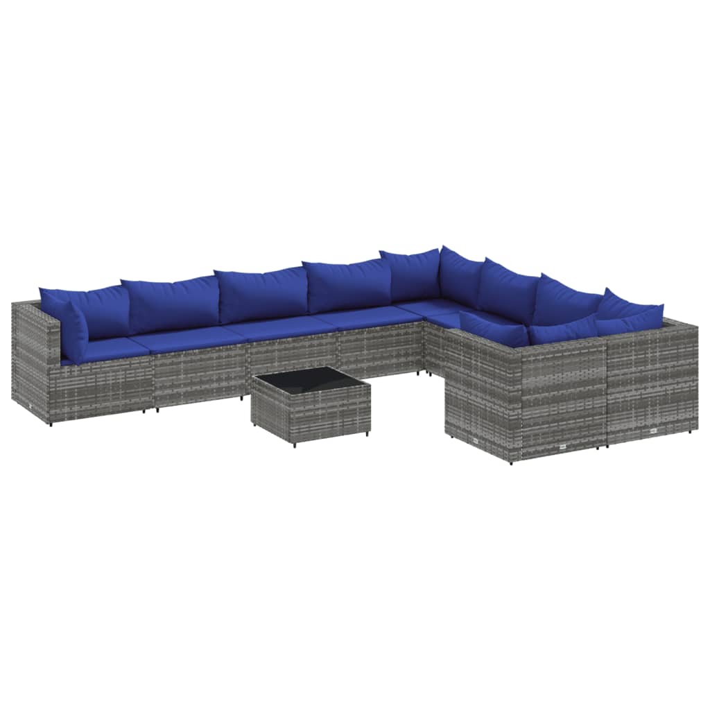 10-delige Loungeset met kussens poly rattan grijs