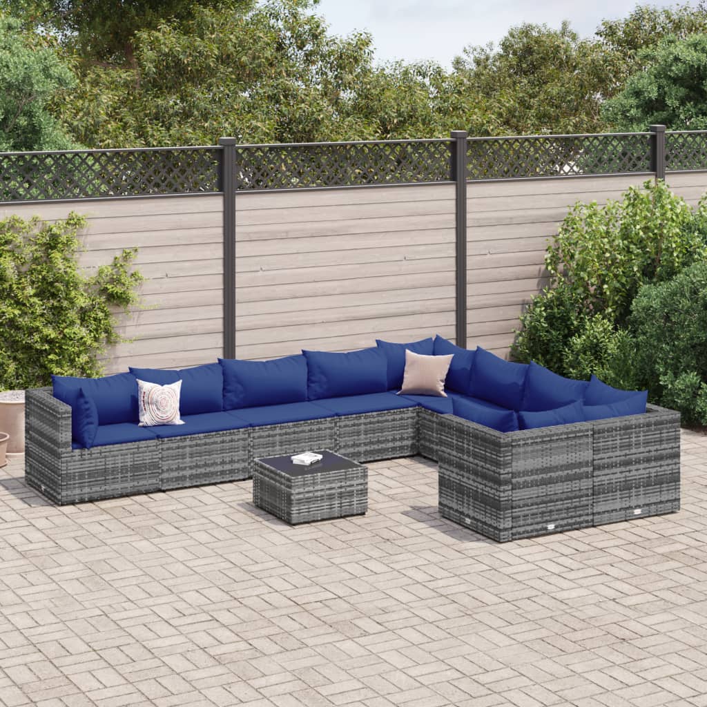 10-delige Loungeset met kussens poly rattan grijs