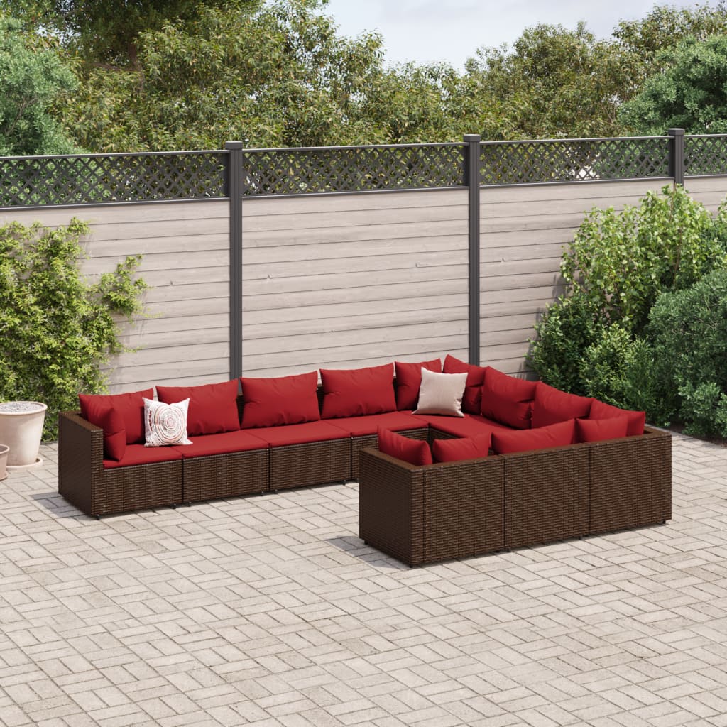 10-delige Loungeset met kussens poly rattan bruin